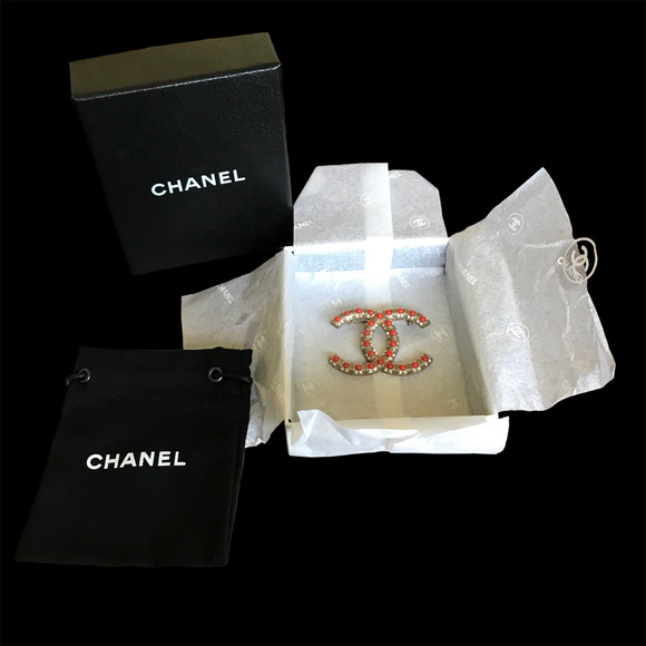 SOLD! CHANEL Red Coral Crystal Rhinestone Authentic Logo Brooch w Box/Bag/Ribbon - Picture 7 of 8